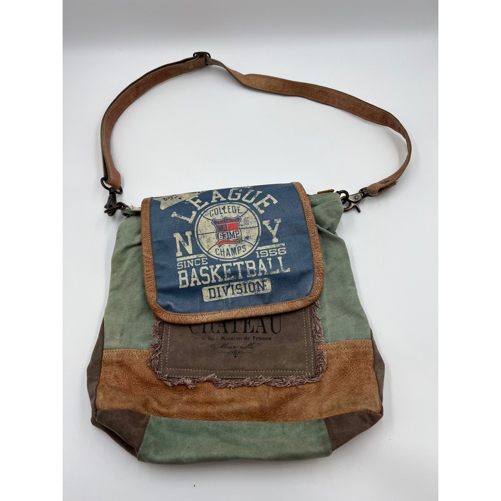 Myra Bag Canvas Leather Crossbody Bag Multicolor Basketball League Patchwork